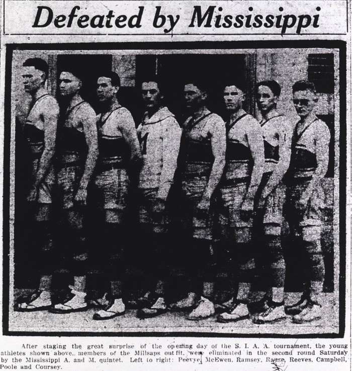 After staging the great surprise of the opening day of the S.I.A.A. tournament, the young athletes shown above, members of the Millsaps outfit, were eliminated in the second round Saturday by the Mississippi A. and M. quintet.  Left to right:  Peevye, McEwen, Ramsey, Rause, Reeves, Campbell, Poole and Coursey.